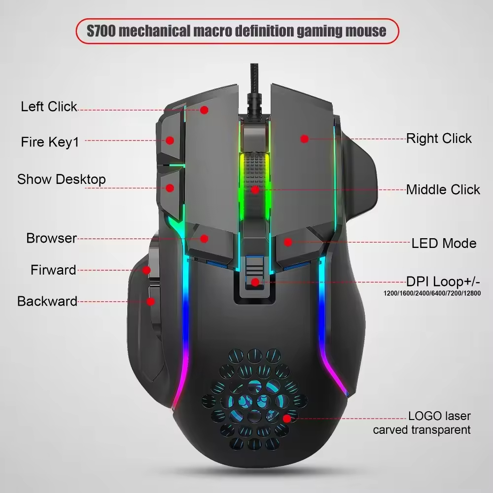 10 Buttons 12800 DPI USB Wired Gaming Mechanical Mouse